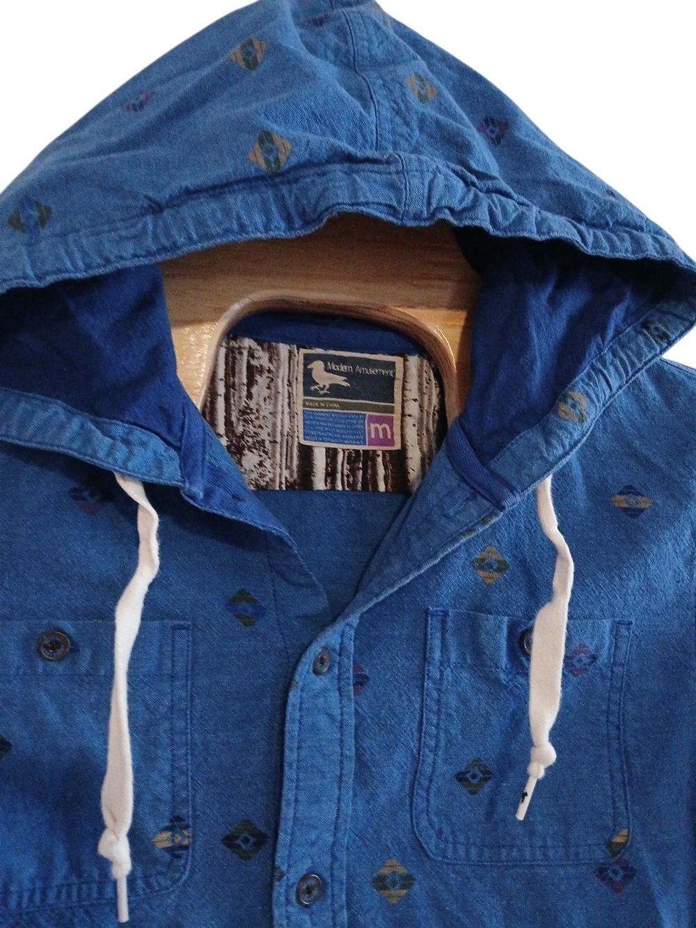 Modern Amusement Navajo Aztec Print Mens Blue Hooded Button Up Shacket Medium
